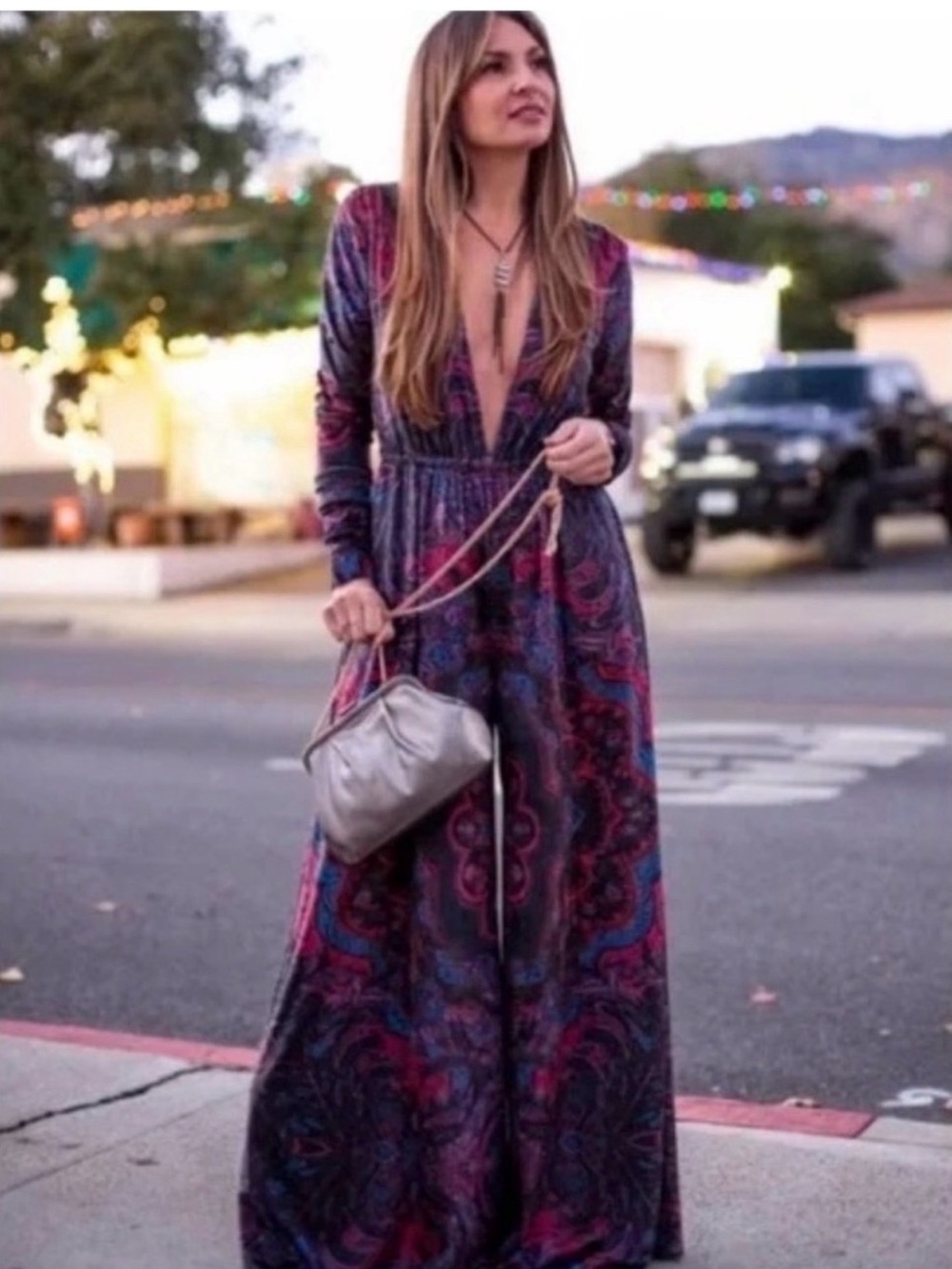 Free People Burgundy Paisley Velvet Wrap Jumpsuit